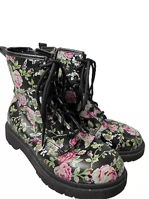 MOSSIMO SUPPLY CO Floral Moto Combat Boots 9 Black Pink Roses • $30