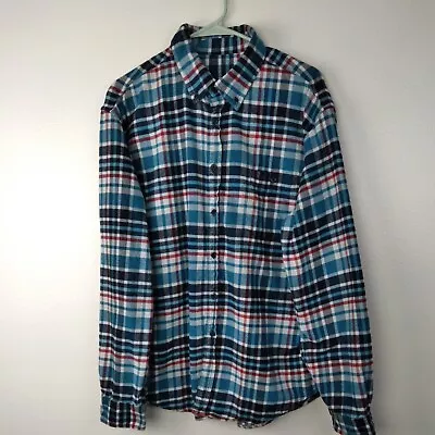 Men's Flannel Shirt Blue Teal Plaid Button Down Long Sleeve No Size Tag Chest 48 • $17.95