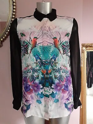 *MISS SELFRIDGE *bird Butterfly Floral Button Front Mesh Back & Sleeve Top Shirt • £3.99