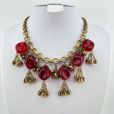 Rare Antique Vintage Miriam Haskell? Brass Book Chain Bib Red Plastic Necklace • £129.98