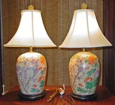 Vintage Pair Of Chinese Rose Famile Ginger Jar/vase Shape Lamps With Silk Shade • $299.99