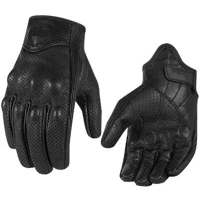 Genuine Leather Motorcycle Gloves Perforated Full Finger Touch Scree M L XL XXL • $15.45