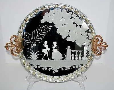 Big Murano Glass Art Deco Mirror Engraved Scene Handled Tray W/ Rope Twist Rim • $275