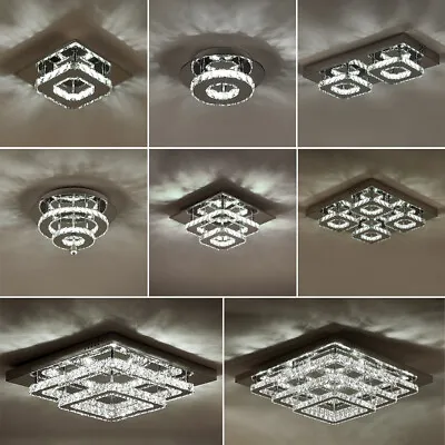 Modern Square Chrome Crystal LED Ceiling Light Lamp Fitting Pendant Chandelier • £23.99