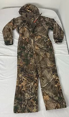 Cabelas Camo Real Tree Coveralls Hunting One Piece Suit Jacket Pants Hood Kids M • $79.98