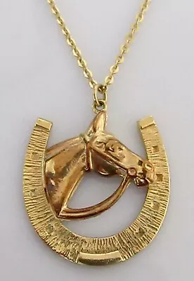 9ct Gold Necklace - Vintage 9ct Gold Horse's Head & Horseshoe Pendant & Chain • £425