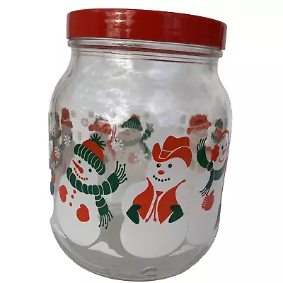 Vintage Libbey Glass Jar With Smiling Snowman Cowboy Hat Scarves Red Lid 46 Gree • $6.99