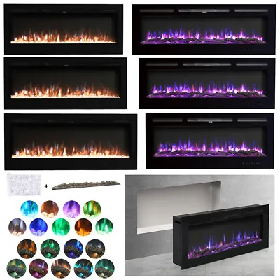 50~100 Inch Electric LED Fireplace Real Flame Effect Inch Black Glass Heater • £239.99
