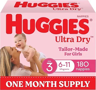 Huggies Ultra Dry Nappies Girls Size 3 6-11 Kg 180 Count - One Month Supply • $81.99