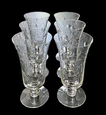 Set Of 6 Vintage Cut Floral Etched Footed Iced Tea Glasses Parfait Glass 6-3/8” • $59.99