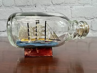 Vintage Small Pirate Ship In A Bottle On Wooden Base 4.5  • $15