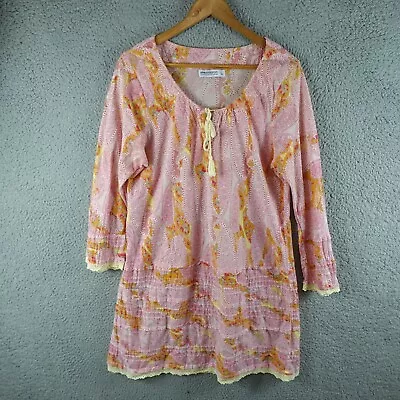 OneSeason Womens Dress Large Pink Paisley Shift Short Tie Neck Boho Summer Sun • $19.90
