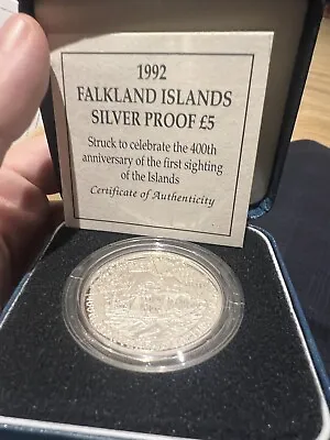 Falkland Islands. Silver Proof £5 Pound 1992 400th Anniversary Discovery & Coa • £72.99