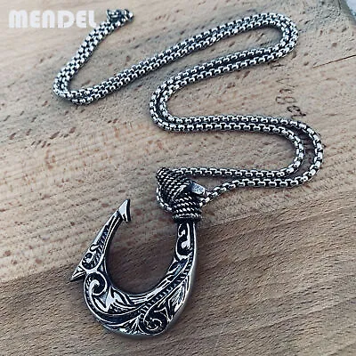 MENDEL Mens Stainless Steel Biker Fishing Hawaiian Fish Hook Pendant Necklace • $10.99