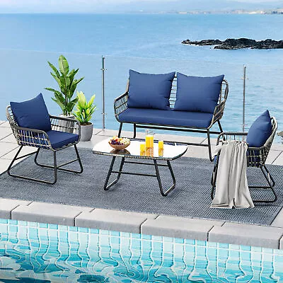 4PC Patio Furniture Wicker Outdoor Bistro Set All-Weather Rattan Loveseat Chairs • $235.99