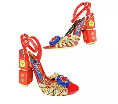 Dolce & Gabbana Sandals Red Gold Sicily Carretto Heels Shoes Pumps EU36.5 UK3.5 • $1400