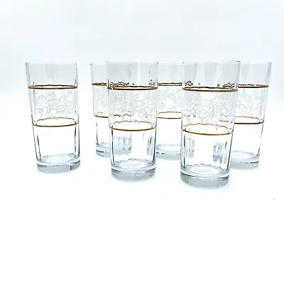 Vintage Pasabahce Highball Drinking Glasses Flowers And Gold Bands - Set Of 6 • $19.16