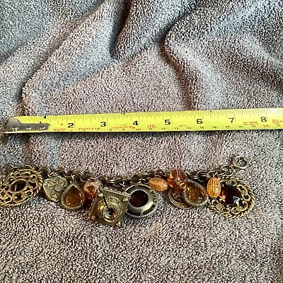 Vintage Victorian Italian Etruscan Revival Gold Tone Chunky Amber Charm Bracelet • $40