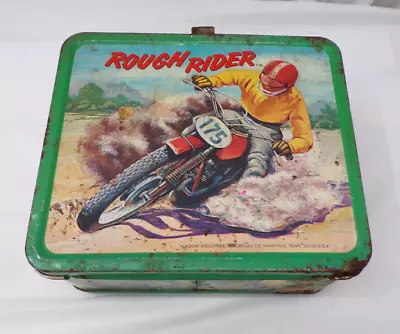Vintage 1973 Aladdin Rough Rider Metal Lunch Box Motorcycle Dirt Bikes • $32.99
