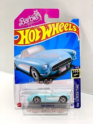 Hot Wheels Barbie HW Screen Time Barbie Blue 1956 Corvette 9/10 Long Card NEW • $4.53