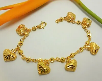 $34.57 • Buy Hearts 22K 24K Thai Baht Yellow Gold Plated Bracelet Bangle Jewelry Women 7 Inch