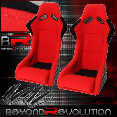 2X Universal Red Cloth Sport Bucket Seats SPG Style Fixed Position + Sliders Set • $306.99