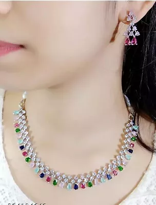 Indian Bollywood Bridal Set Silver Plated Jewelry Earrings CZ Ethnic AD Necklace • $17.99