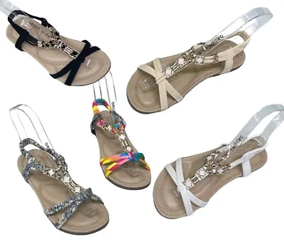 Womens Ladies Flat Diamante Sandals Sling Back Summer Flip Flops Shoes Open Toes • £12.99