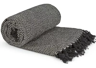 100% Cotton Herringbone Black & White Fringed Tassel Chair Bed Sofa Medium Throw • £11.49