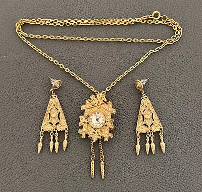 Vintage Lindenwold Cuckoo Clock Watch Necklace Gold Tone Matching Post Earrings • $22.95