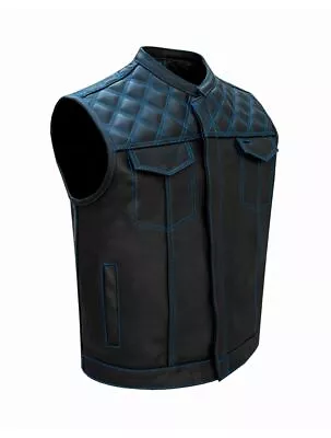 Mens Black Club Vest Diamond Design Blue Thread Premium Cowhide Leather • $139.84