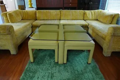 Yellow Leatherette Coffee Table With Parsons Stools Vintage Mid Century Square • $1700