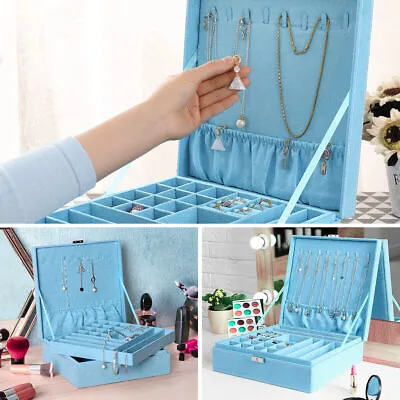 Women Jewelry Box Organizer 2 Layer Blue Faux Velvet Storage Case With Lock  • $19.99