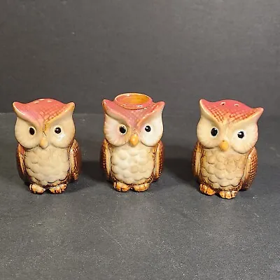 Vintage Ceramic 3  Owl Salt & Pepper Shakers With Candlestick Holder - Red Brown • $9.95