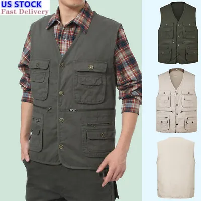 $14.09 • Buy Mens Vest Casual Fishing Outdoor Jacket Work Safari Travel Cargo Multi Pockets