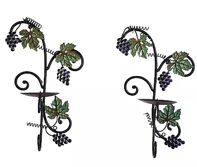 Candle Sconce Wall Holder Grape Vines Metal Set Of 2 Toleware Art 14” Wine Vtg • $20.87