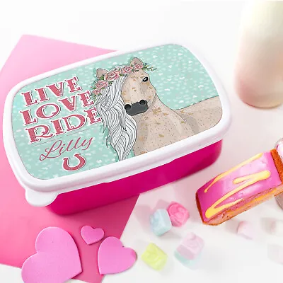 Personalised Lunchbox Girl PONY HORSE School Snack Sandwich Pink Lunch Box KS150 • £7.95