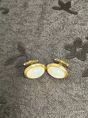 VINTAGE Pair Of Faux Opal Cabochon & Oval Gold Tone Bullet Back Cufflinks • $18