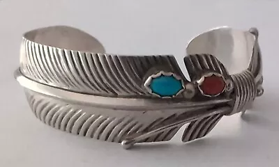 Vintage Navajo Sterling Turquoise Coral Feather Cuff Bracelet SIGNED V • $94.99