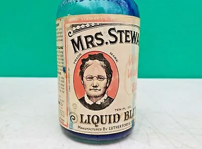 Mrs Stewart's Liquid Bluing Duraglas 10oz Bottle Wood Stopper C1949  2/3 Full • $39.95