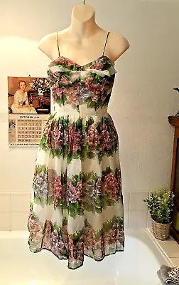 Original Vintage 1950's Printed Chiffon Floral Party/ Cocktail Dress S • £45