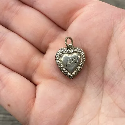 Vintage 925 Sterling Silver  Mary  Repousse Edge Puffy Heart Bracelet Charm • $26.99