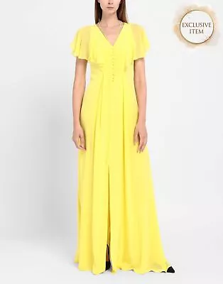 RRP€550 KARL LAGERFELD Silk Maxi Dress IT44 US8 UK12 L Yellow High Slits Frills • £11.50