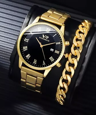 Watch Gift Set Men Gents Gold & Black With Gold Bracelet Watches Top Quality UK • £8.99