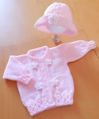 Hand Knitted Baby Cardigan & Hat Set With Crochet Flowers -3-6mths - Ballet Pink • £20