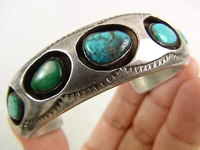 Vintage 37g 6.5  Native Signed Sterling Silver 5 Turquoise Cuff Bracelet Navajo • $2.25