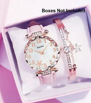 Watch And Bracelet Set Ladies Women Girls Fashion Leather Strap Wristwatch Gift • £8.50