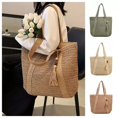 Weave Tote Bag Bohe-mian Shoulder Bag Summer Beach Straw Handbag Large Capacity • $23.29