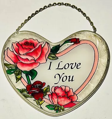 Gorgeous Vintage 5” Real Stained Glass Suncatcher Heart Shaped “I Love You” Rose • $20.69