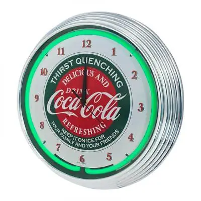 Coca Cola Retro Neon Lighted Wall Garage Clock Green Illumination & Chrome Trim • $137.03